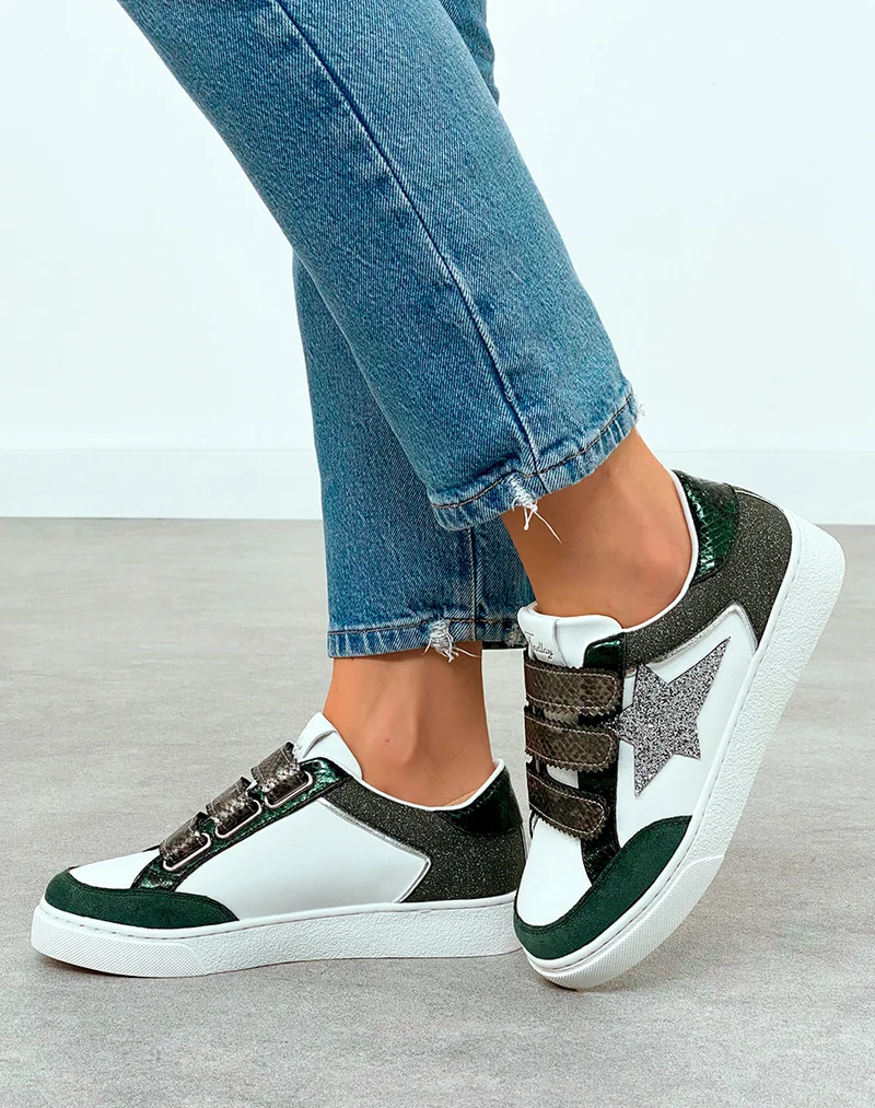 Baskets Femme Vertes Scratch Empiècements Pailletés Étoile Argentée