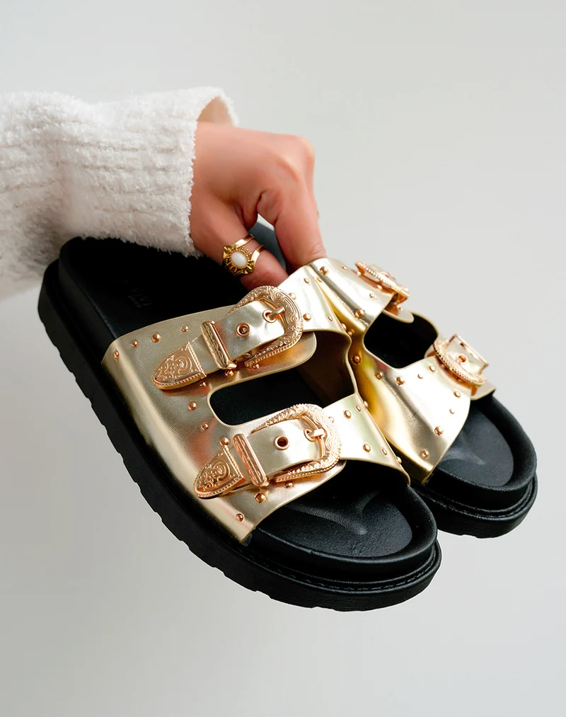 Sandales Plateforme Dorées Femme avec Clous et Sangles Boucle