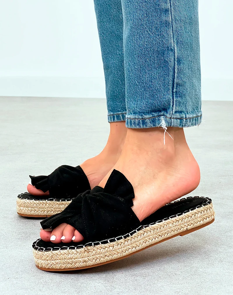 Mules Tendance en Suédine Noire avec Semelle en Corde et Nœud Décoratif