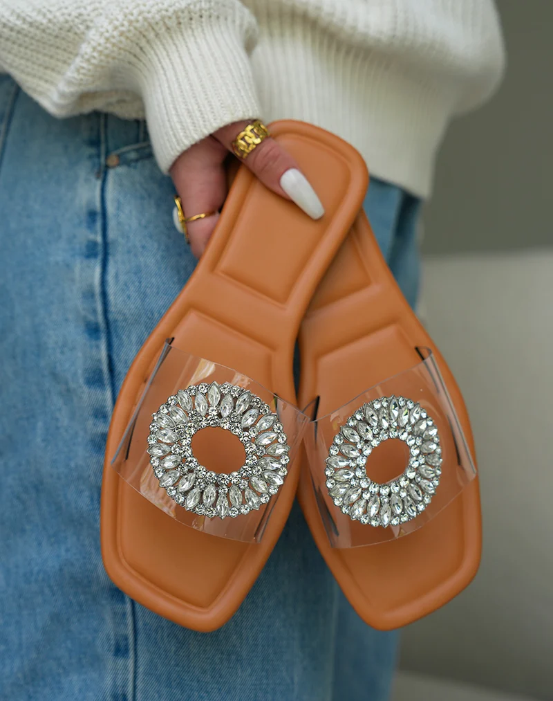 Mules Plates Transparentes avec Bijou Cristal pour Femme ? ?l?gance ?tincelante