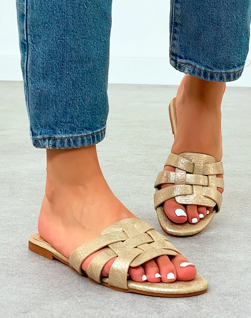 Mules Femme Dorée Élégante avec Brides Entrecroisées Effet Croco