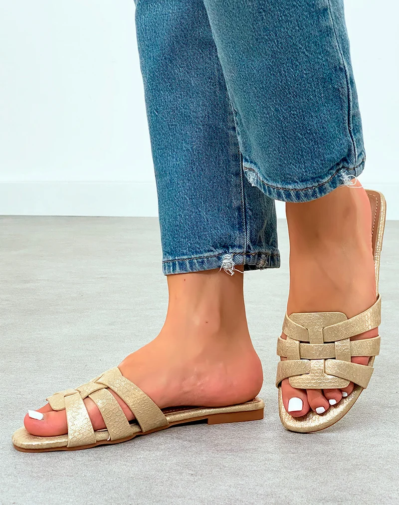 Mules Femme Dorée Élégante avec Brides Entrecroisées Effet Croco