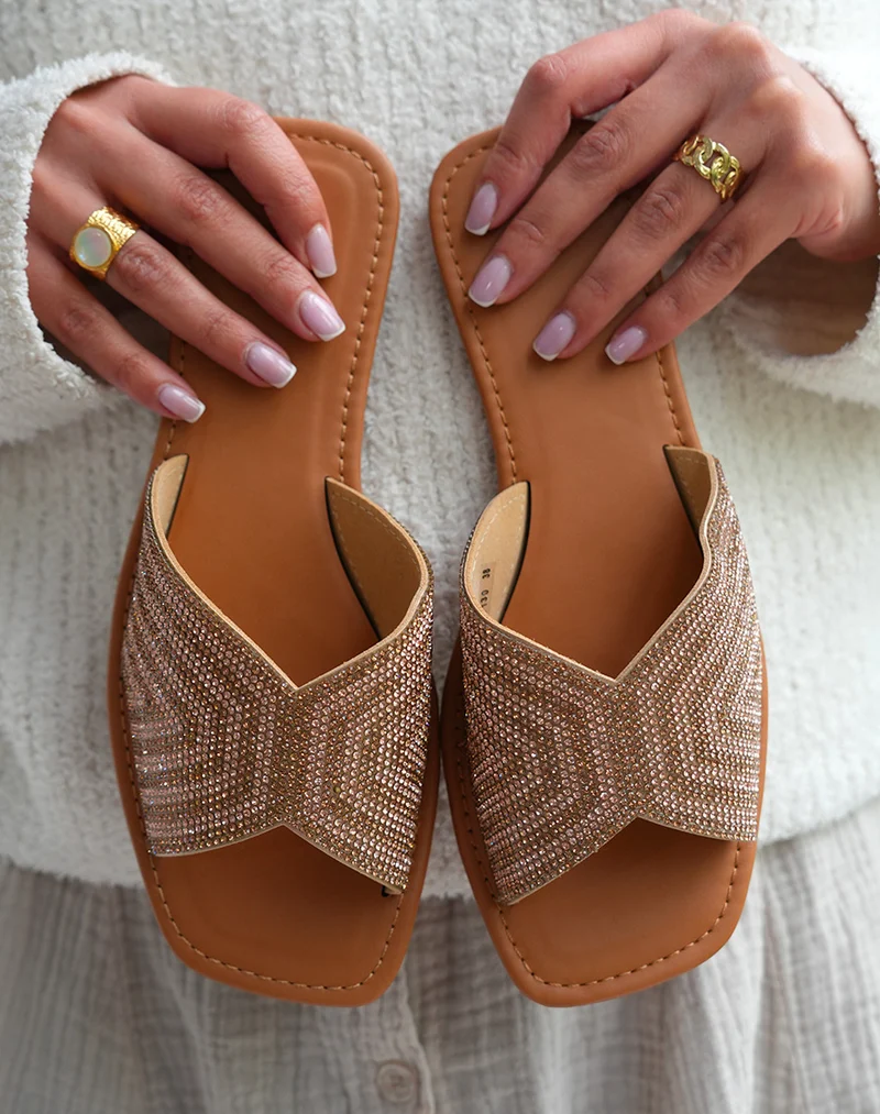 Mules Femme Rose Doré à Strass Confortables et Chics