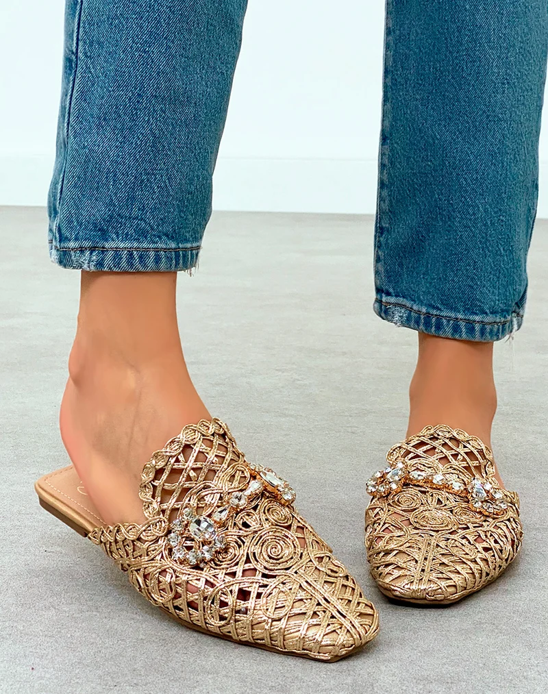 Mules Plates Femme Dorées en Corde avec Bijoux – Luxe Artisanal au Quotidien