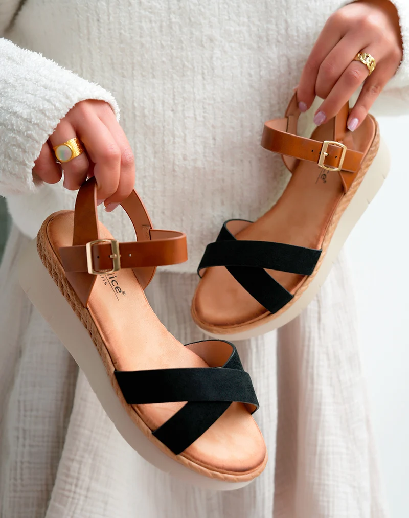 Sandales Femme Bi-Couleurs à Bride Entrecroisée et Plateforme Compensée