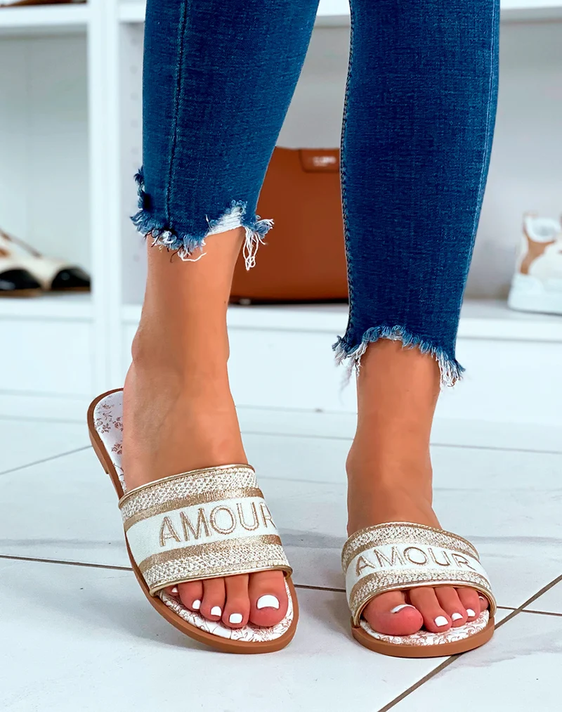 Mules dorées en tissu à inscription Amour