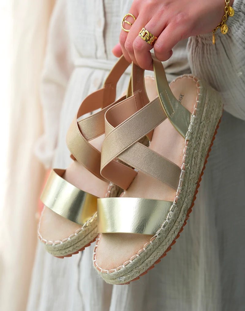 Sandales Compensées Femme Dorées Bi-matière - Style et Confort