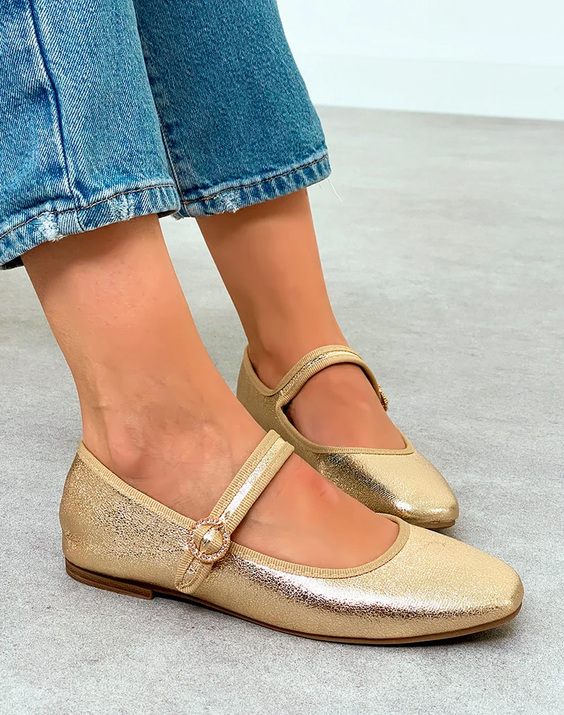 Ballerine femme dorée éclatante avec détail rond de strass doré