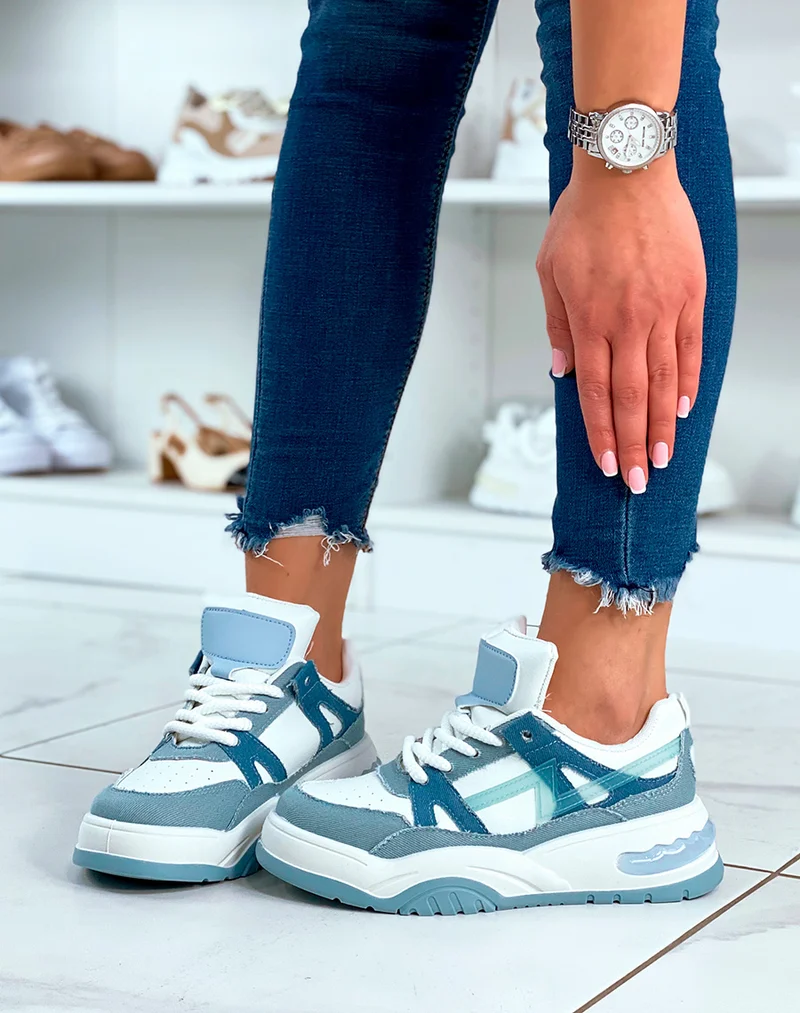 Baskets bi-couleur jeans et blanches à motif et à lacets effet corde