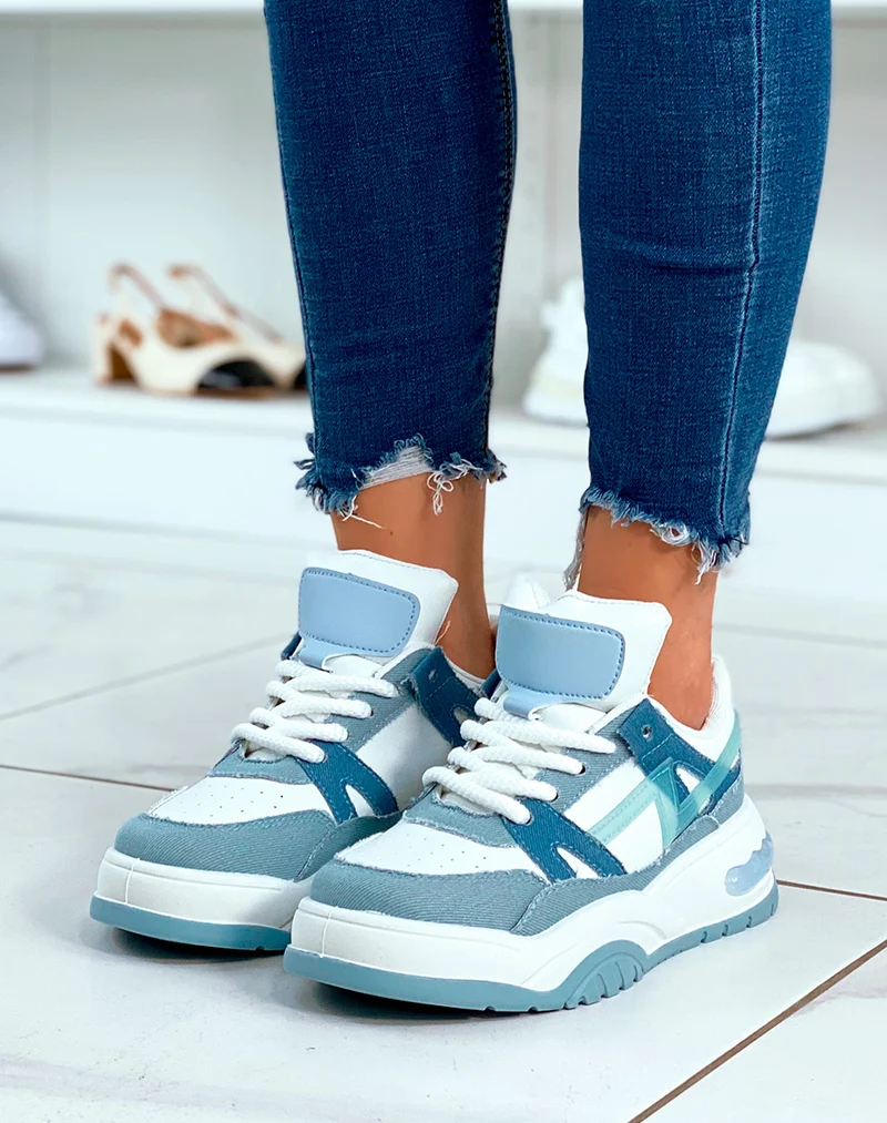 Baskets bi-couleur jeans et blanches à motif et à lacets effet corde