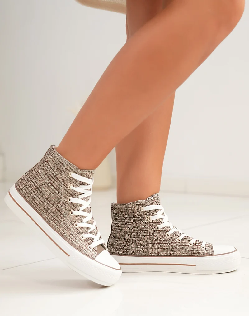 Basket montante femme en tweed marron avec fils entrecroisés