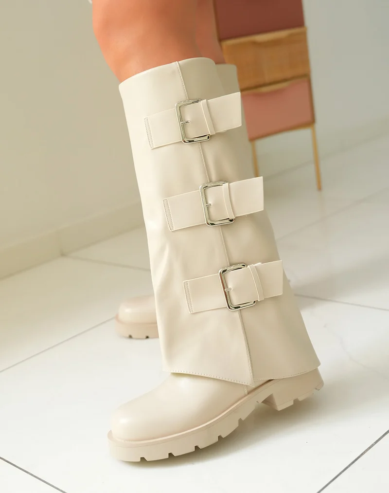 Bottes Femme Beiges Vernies à Semelle Crantée