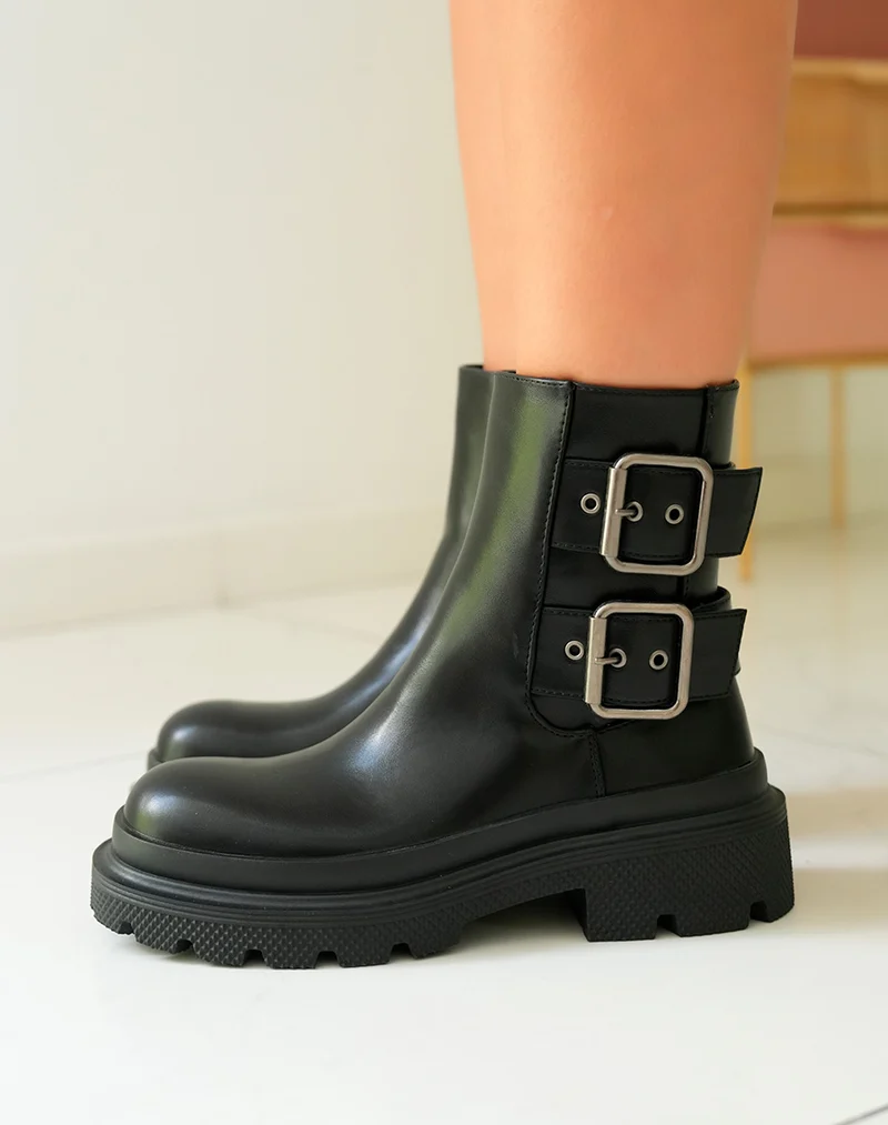 Bottines Femme Noires à Semelle Crantée et Boucles Réglables