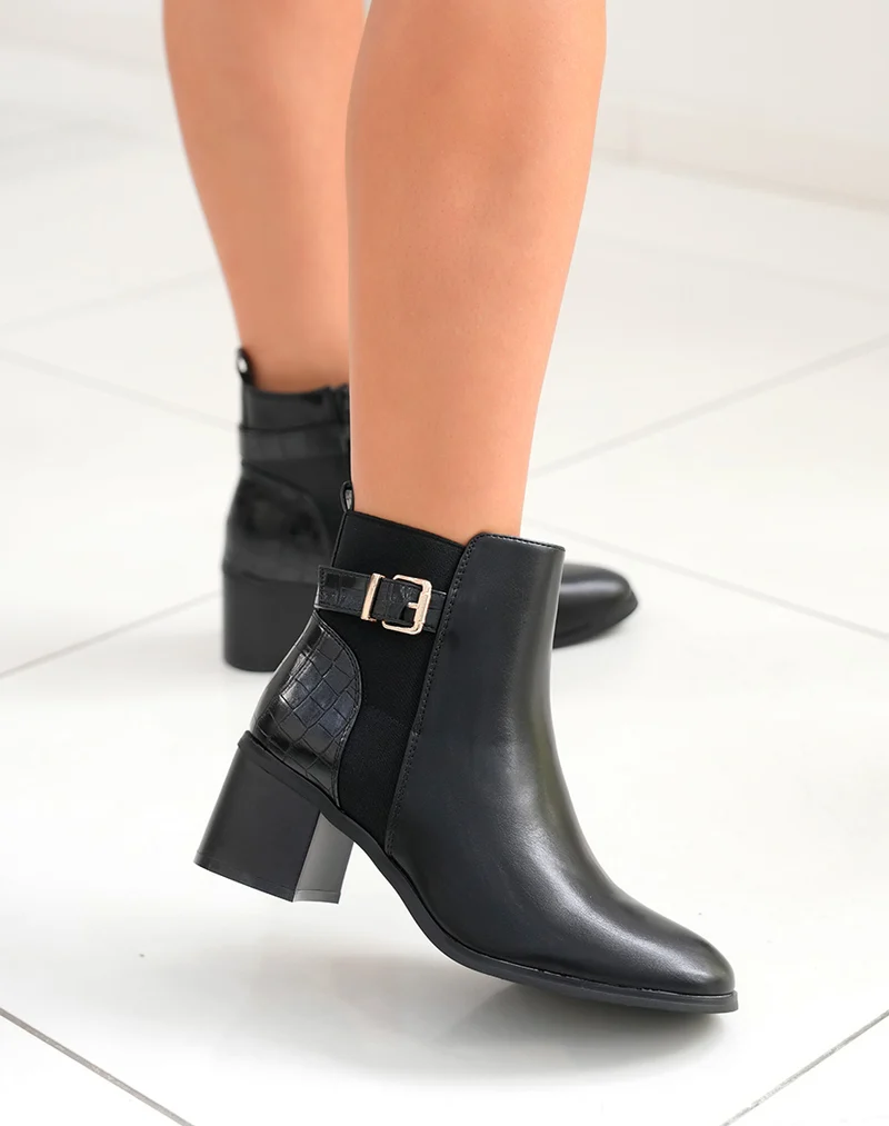 Bottines à talon noires bi-matières à sangle dorée