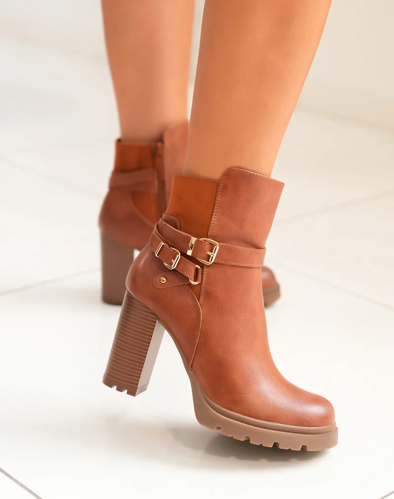 Bottines femme camel à talon bi-matière avec sangles dorées