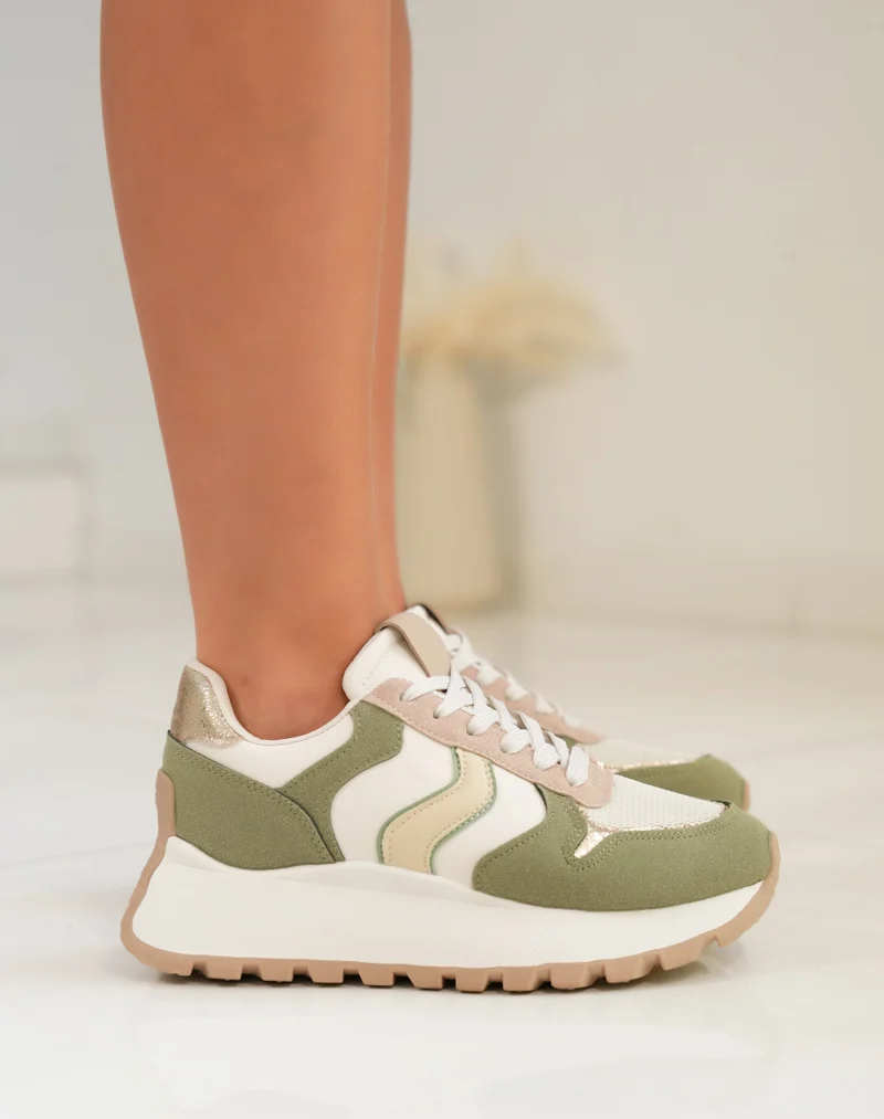Basket femme à semelle épaisse avec empiècements verts taupe et dorés