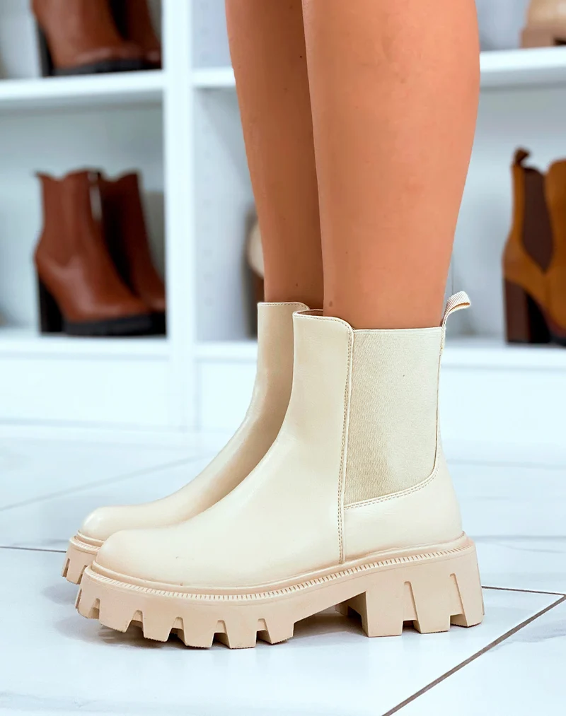 Bottines Montantes Beige Avec Large Élastique