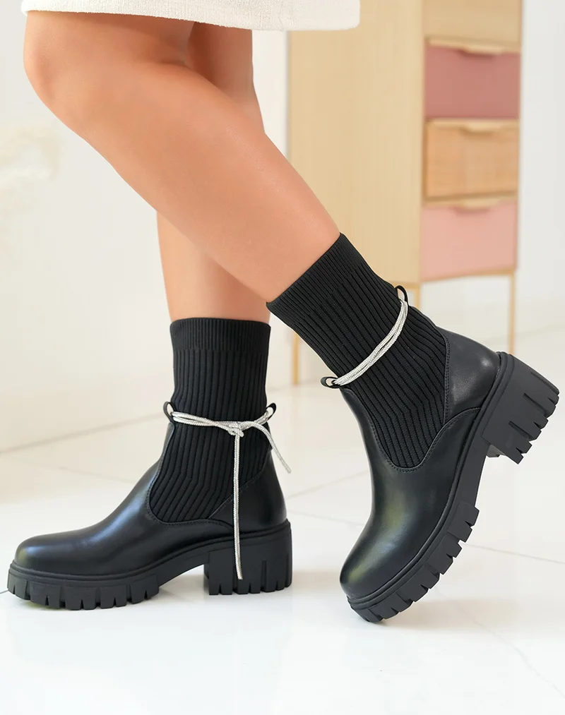 Bottines Noires Femme avec Effet Chaussette et Strass Amovible