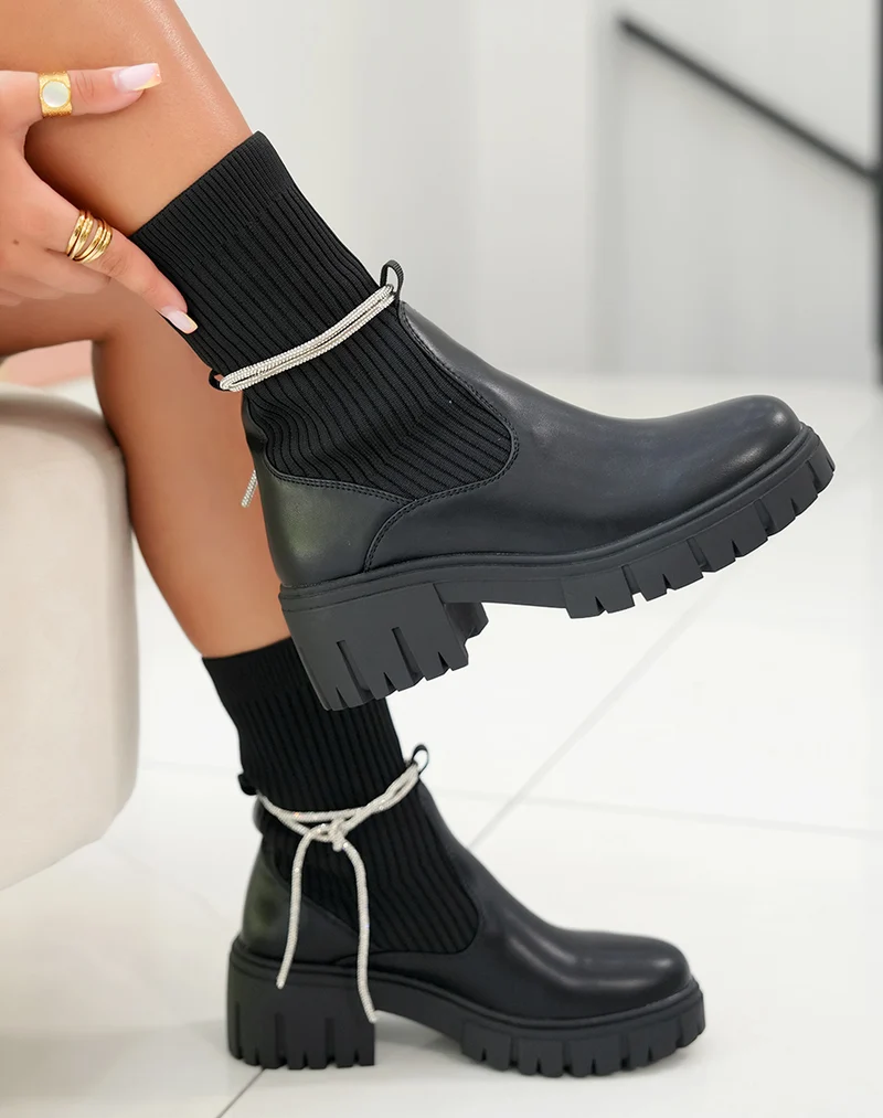 Bottines Noires Femme avec Effet Chaussette et Strass Amovible