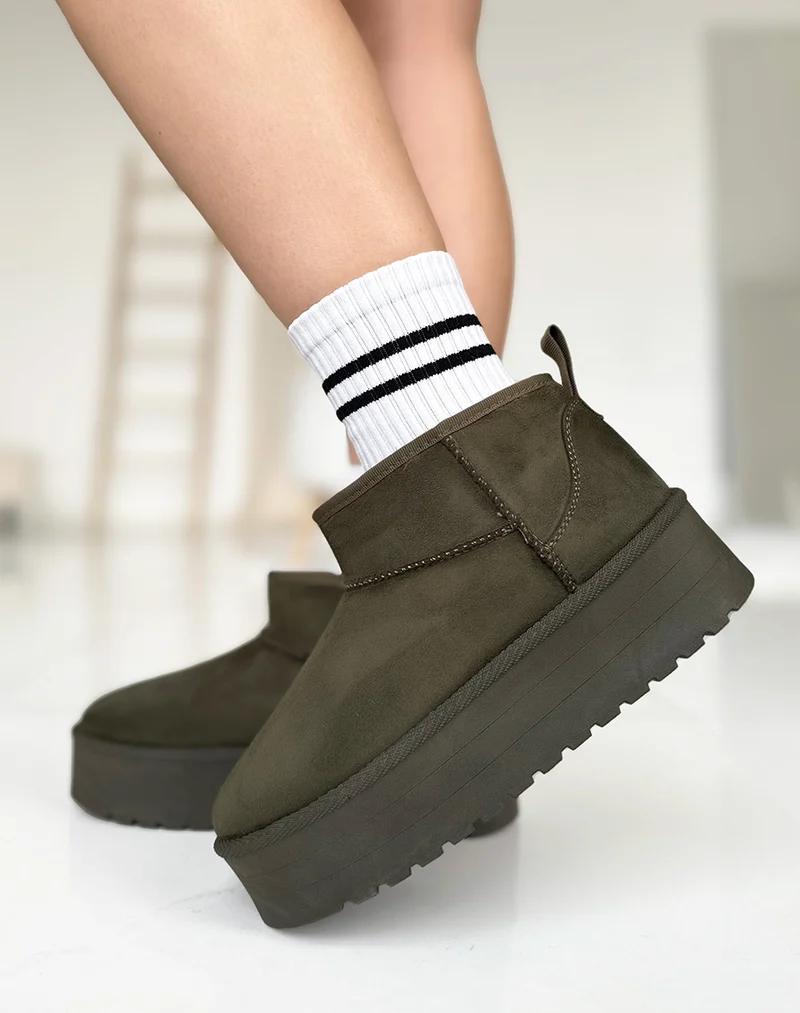 Bottines kaki à plateforme fourrées en suédine
