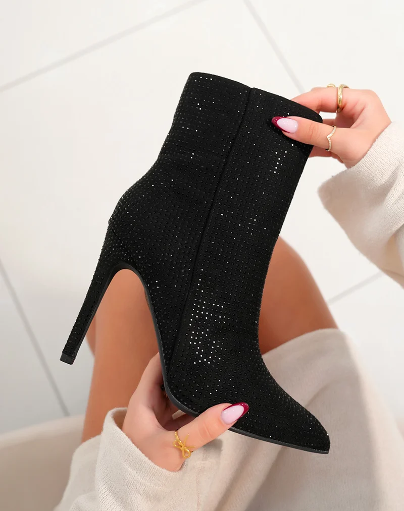 Bottines à talon noires à strass
