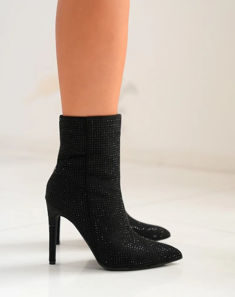 Bottines à talon noires à strass