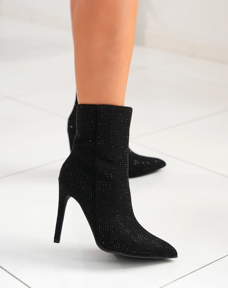 Bottines à talon noires à strass