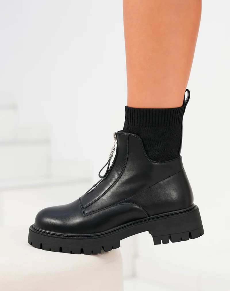 Bottines femme noires effet chaussettes avec fermeture zippée et semelle crantée