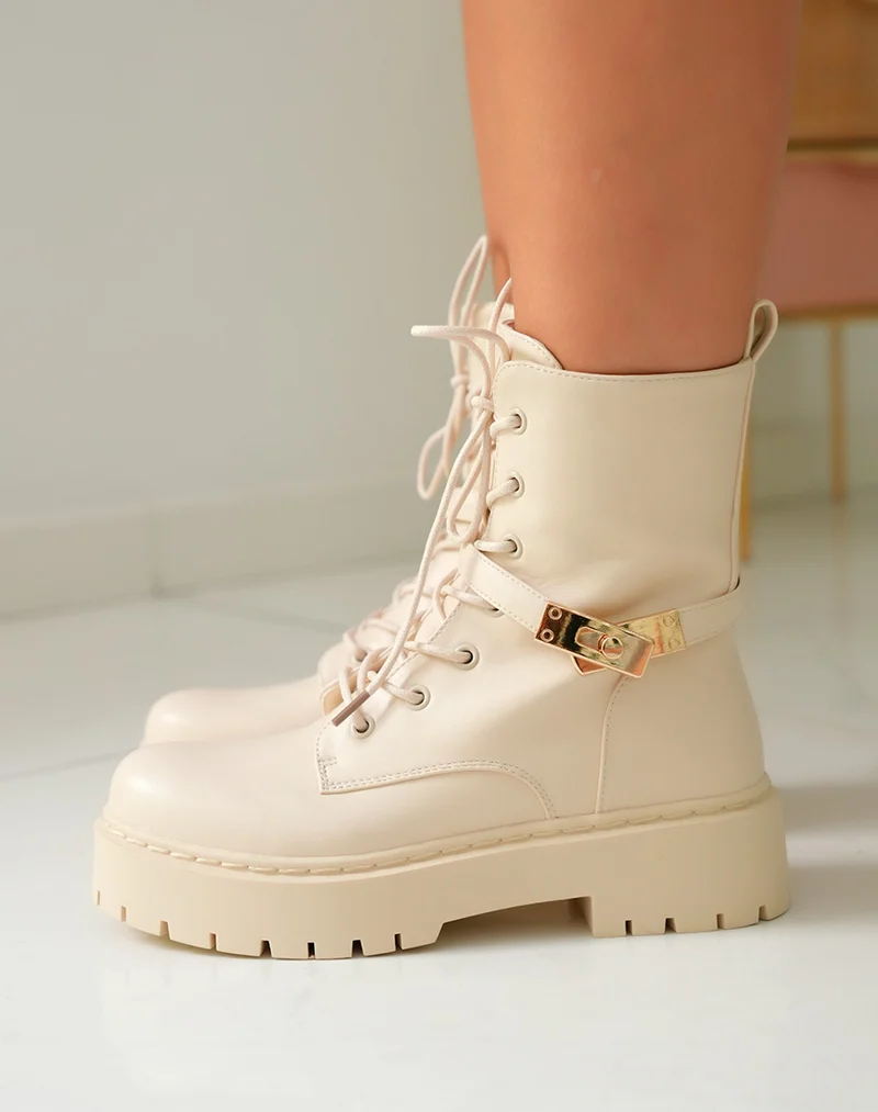 Bottines Montantes Beige Femme à Semelle Crantée avec Détails Dorés
