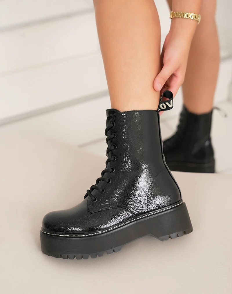 Bottes Rangers Vernies Femme Noires à Plates-Formes