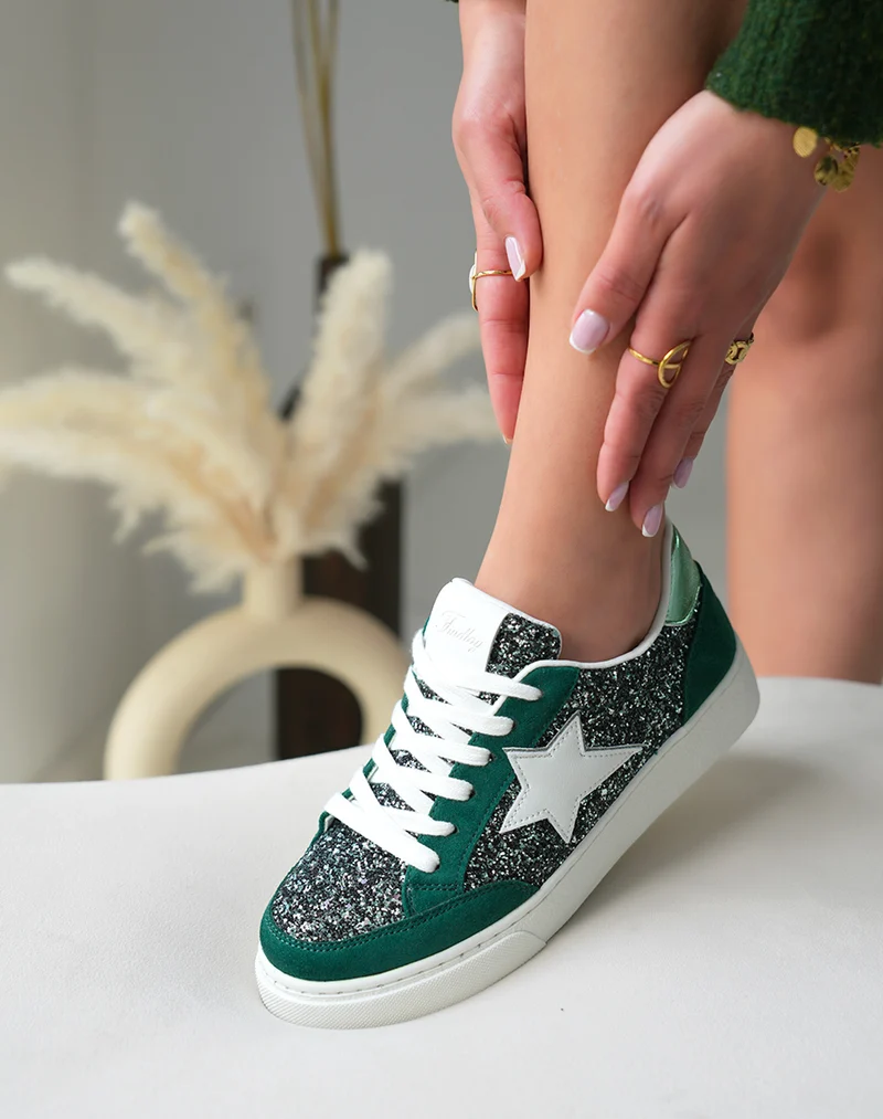 Baskets Femme Vert Foncé Tendance avec Détails Paillettes et Étoile