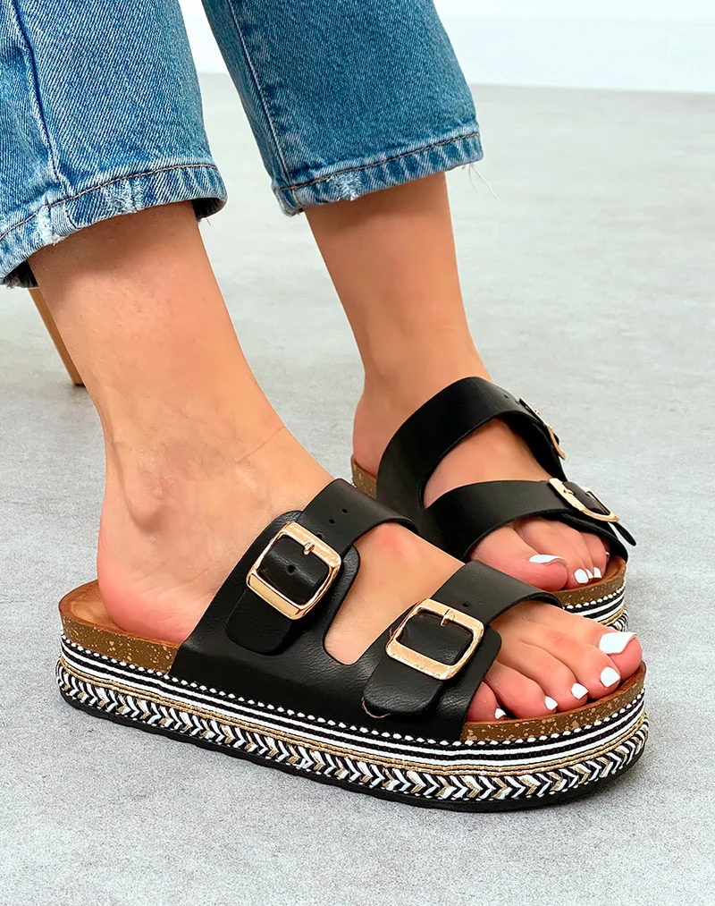 Mules Femme Noires à Plateforme et Double Sangle Tendance Été