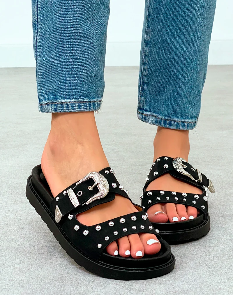 Sandale Plateforme Femme Noires Cloutées à Sangle Argentée