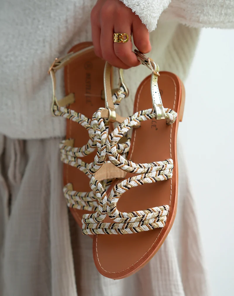 Sandales Femme dorée à détail corde beige et blanc