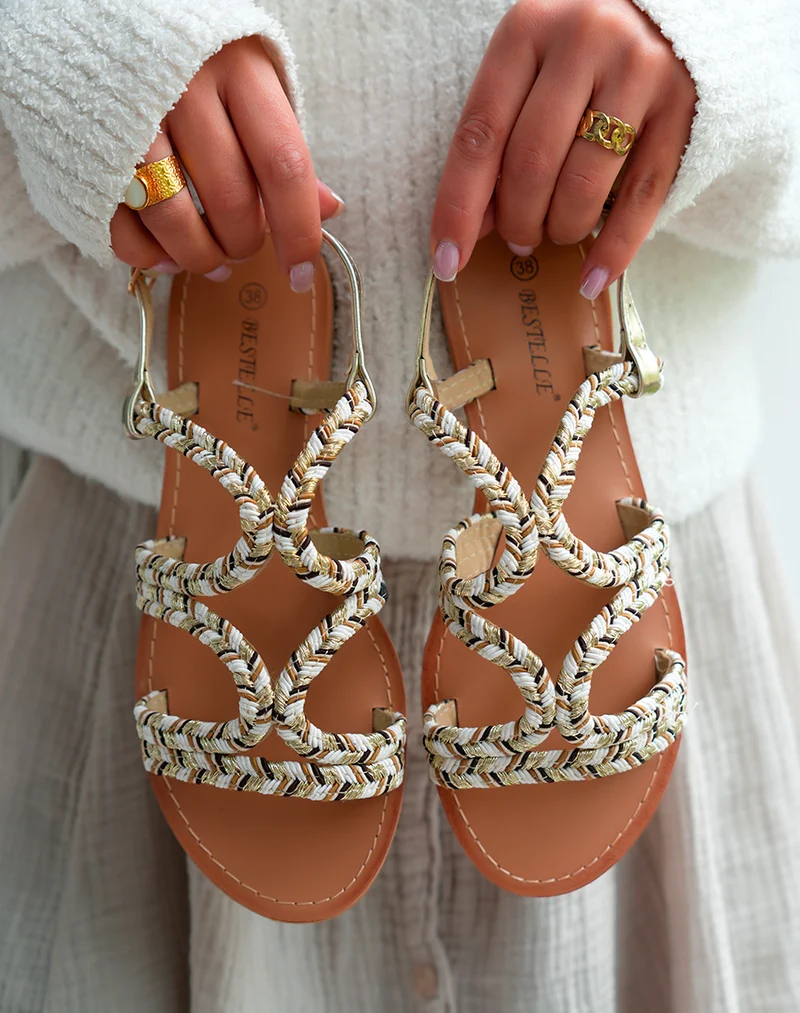 Sandales Femme dorée à détail corde beige et blanc
