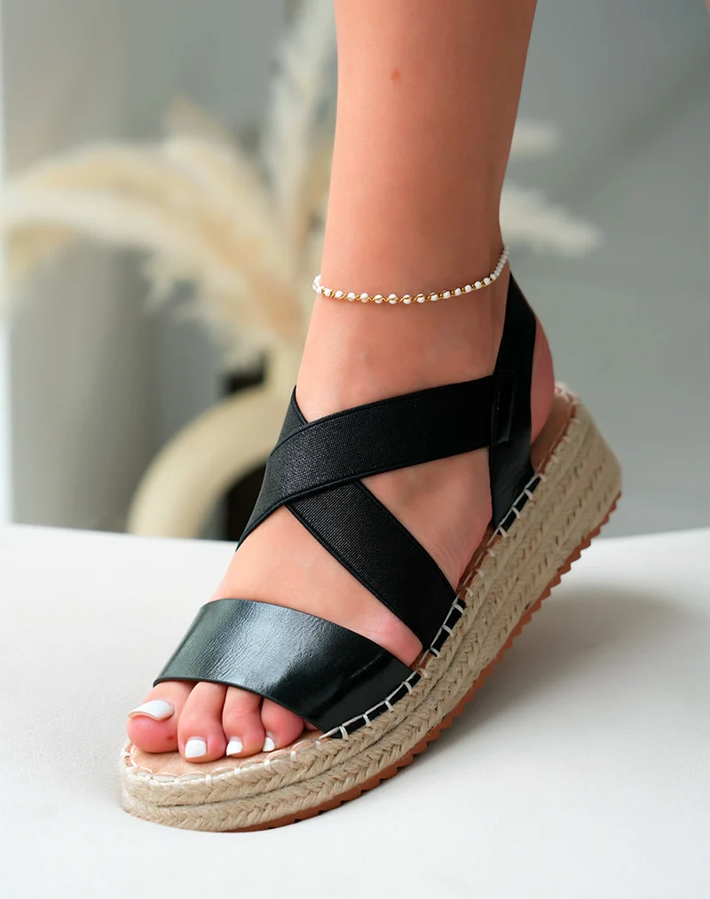 Sandales Femme Noires Bi-matière à Talon Compensé en Corde