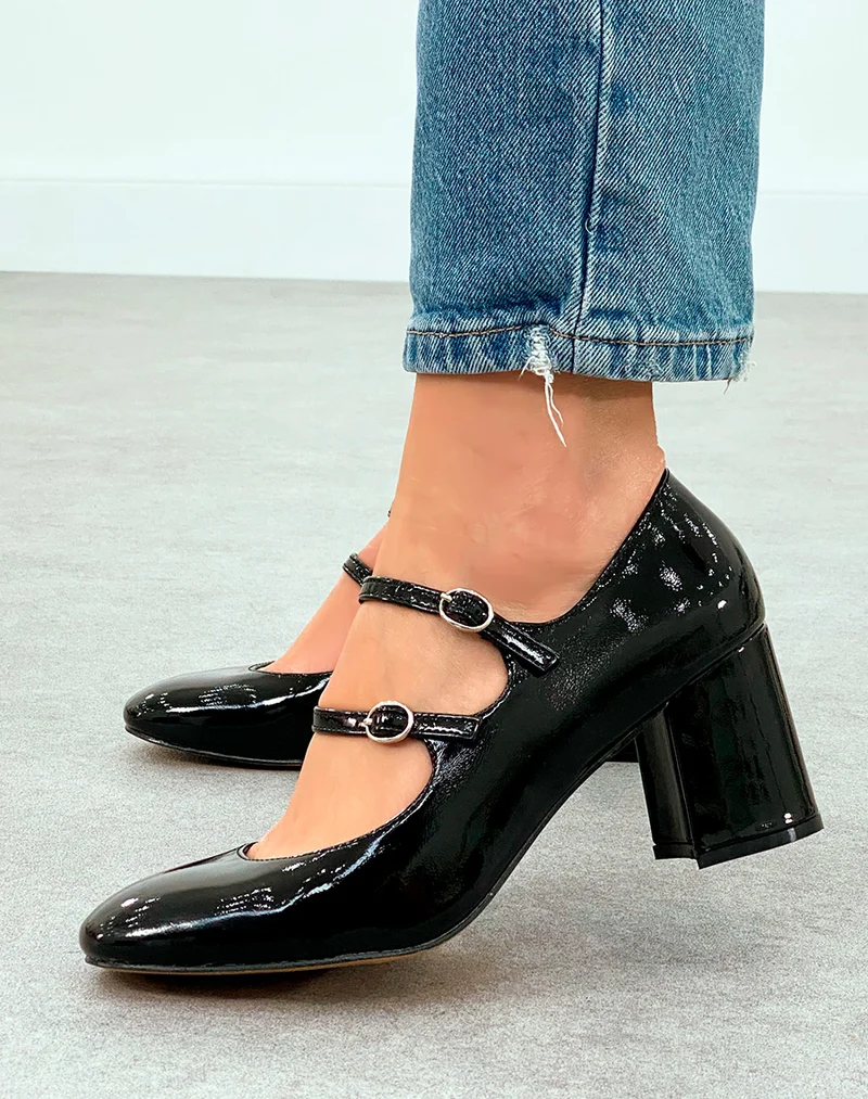 Babies Femme Noires Vernies à Talon Moyen - Double Brides et Éclat Argenté