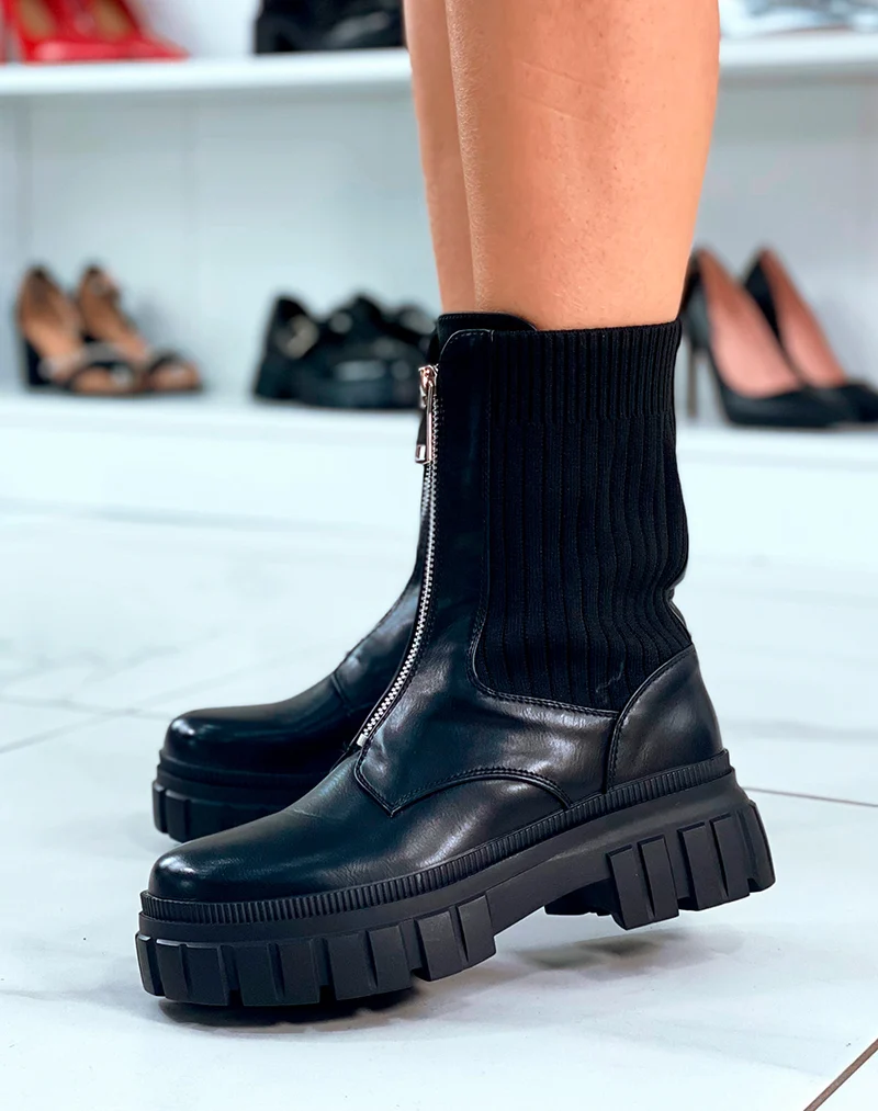 BOTTINES NOIRES MONTANTES EFFET CHAUSSETTE ZIPPÉE