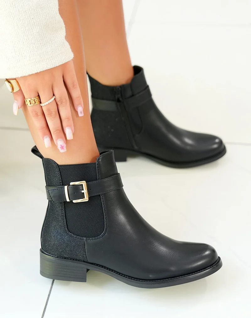BOTTINES NOIRES STYLE CHELSEA AVEC LANIÈRE DORÉE ET EFFET BRILLANT