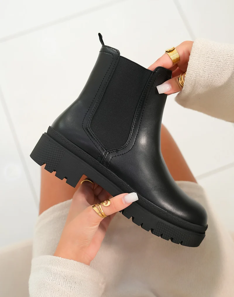 Noir Éclatant : Bottines Chelsea Plateforme Femme
