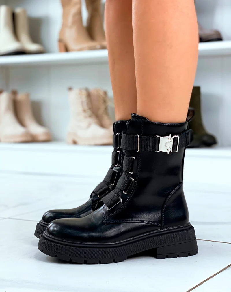 BOTTINES MONTANTES NOIRES ? LACETS ?PAIS ET LANI?RES ARGENT?ES POUR FEMME
