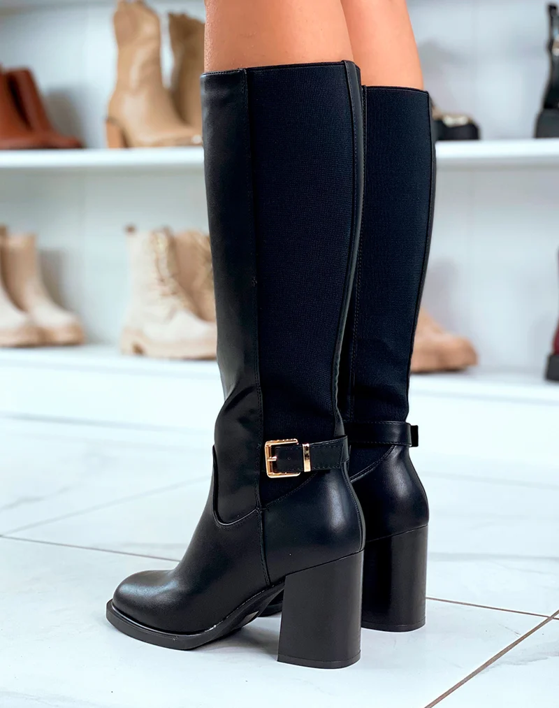Bottes Noires à Talons et Sangles Dorées - Élégance et Confort