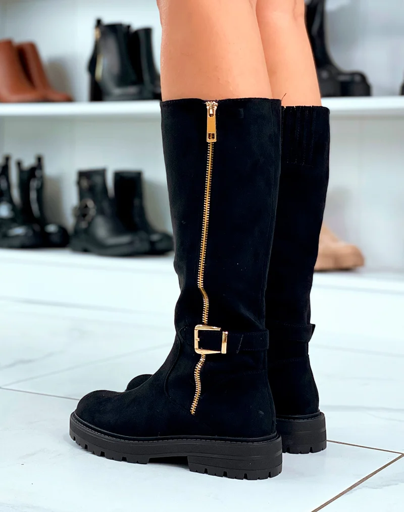 BOTTES NOIRES EN SUÉDINE AVEC ZIP DORÉE