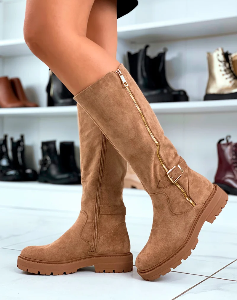BOTTES CAMEL EN SUÉDINE AVEC ZIP DORÉE