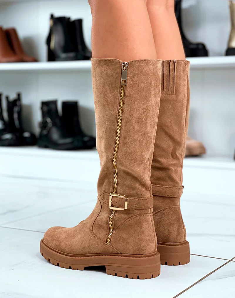 BOTTES CAMEL EN SUÉDINE AVEC ZIP DORÉE