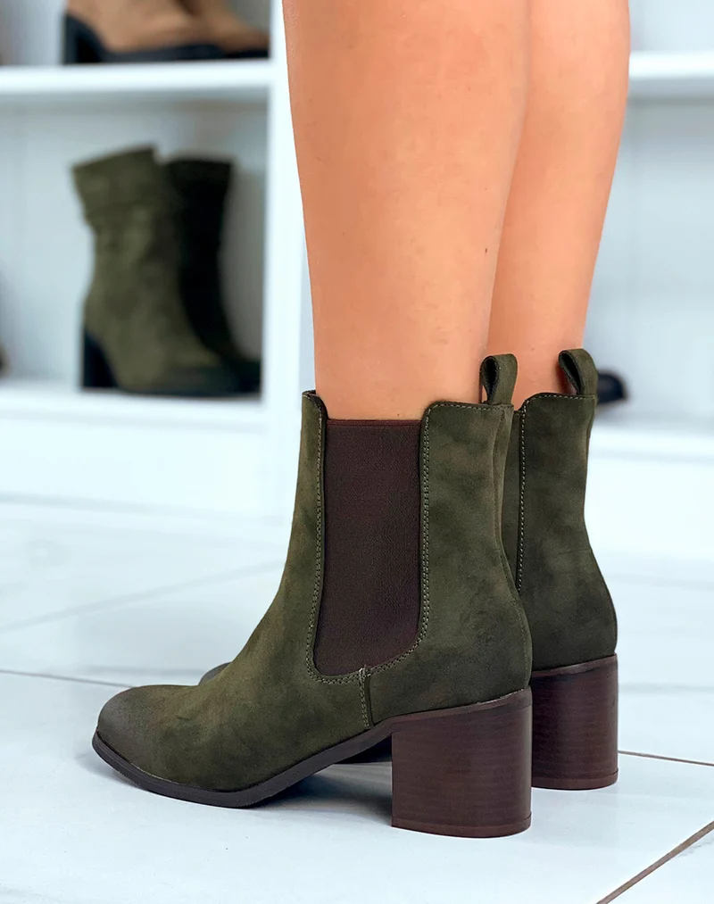 Bottines Kaki en Suédine à Talon : Un Style Tendance pour la Femme Moderne
