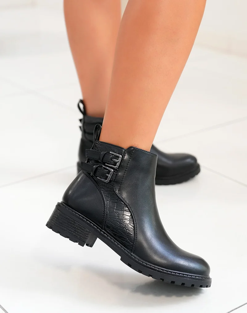 Bottines Noires Bi-Matière : Une Fusion entre Élégance et Effet Croco