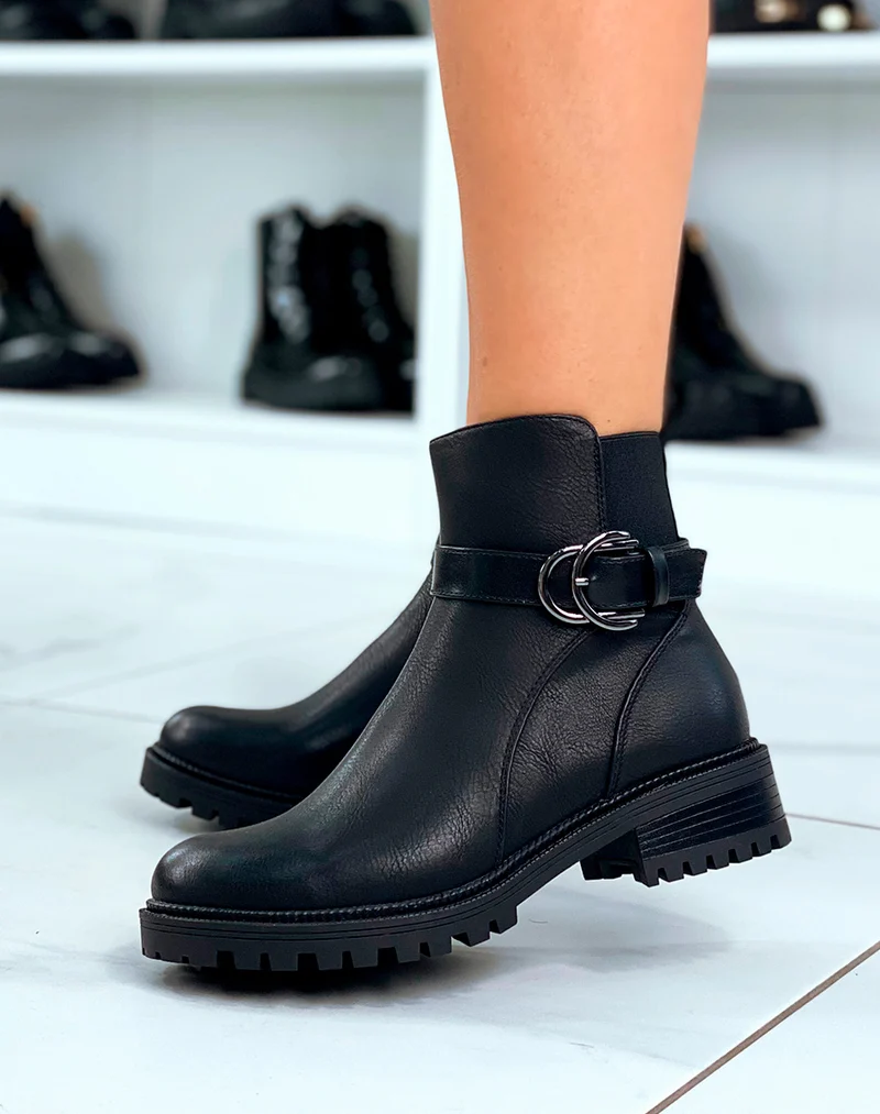 BOTTINES NOIRES ÉLÉGANTES AVEC ÉLASTIQUE ET LANIÈRES ARGENTÉES POUR FEMME