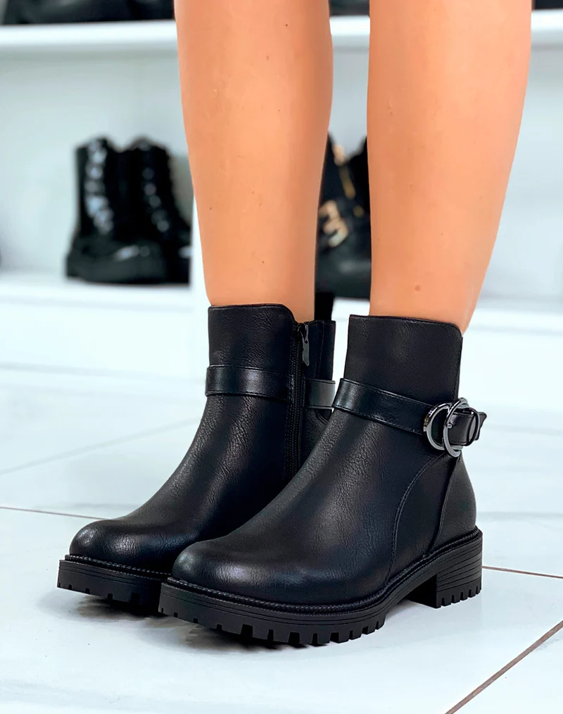 BOTTINES NOIRES ÉLÉGANTES AVEC ÉLASTIQUE ET LANIÈRES ARGENTÉES POUR FEMME