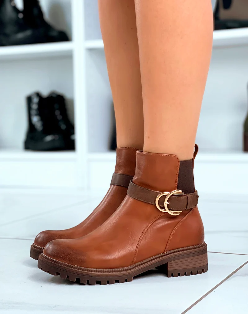 BOTTINES CAMEL FÉMININES AVEC ÉLASTIQUE ET LANIÈRES ARGENTÉES